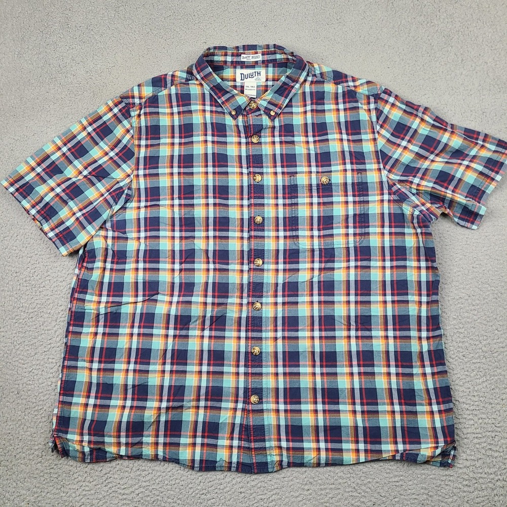 Duluth‎ Men's Shirt Size 2XL Tall Blue Plaid Short Sleeve Button Down Untucked
